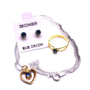 March Birthstone Earrings Necklace Ring Set Gold Tone